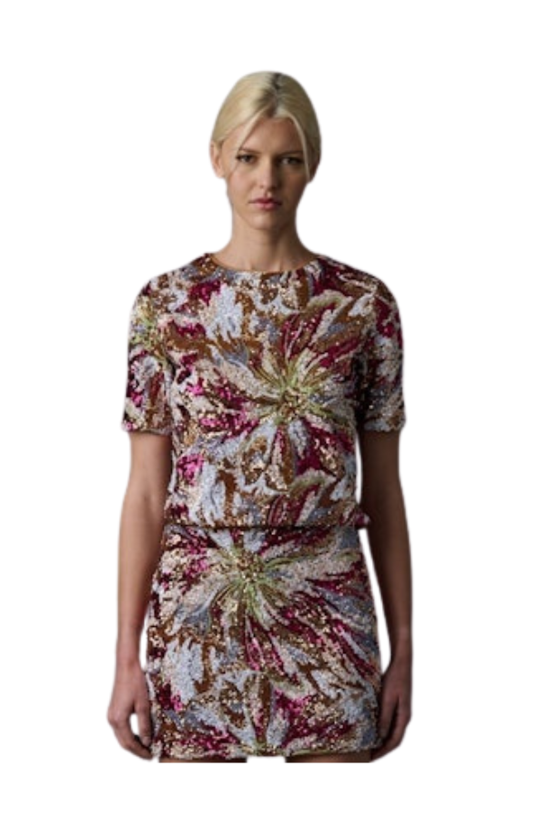 ABSTRACT FLORAL SEQUIN TOP